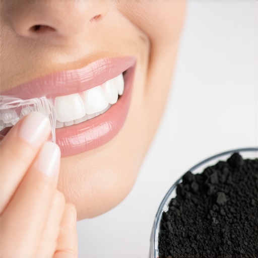Close up of clear aligner and charcoal toothpaste showing the danger of abrasive cleaning.