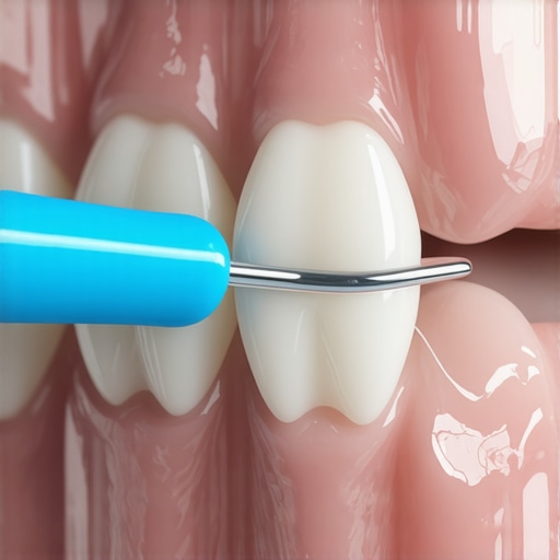 Manual cleaning technique for permanent retainers Close-up of a floss threader passing under a permanent lower retainer wire for plaque removal.