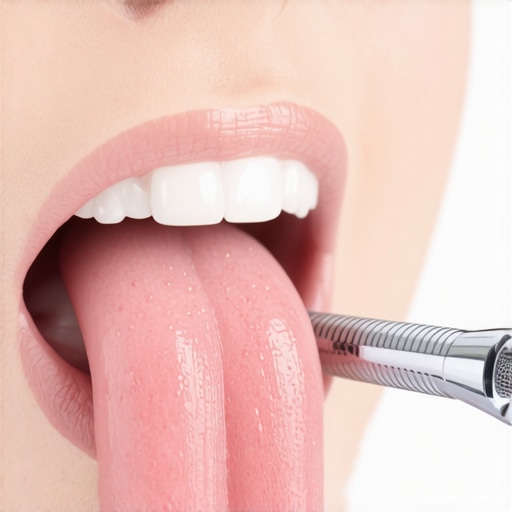 Close-up of a person using a tongue scraper to remove bacterial biofilm.