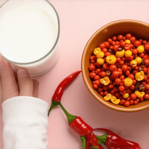 Milk as a remedy for spicy gum pain A glass of milk and chili peppers on a kitchen counter illustrating how to stop spicy mouth burn