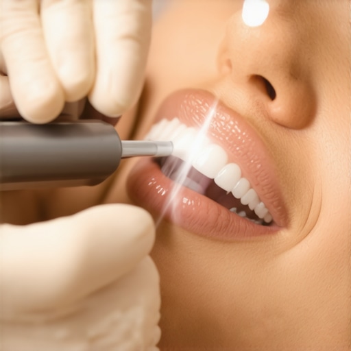 Professional dental hygienist performing an advanced air-polishing cleaning on a patient.