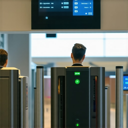 Modern Airport Security and Dental Implants A traveler walking through a modern airport security scanner without triggering any alarms.