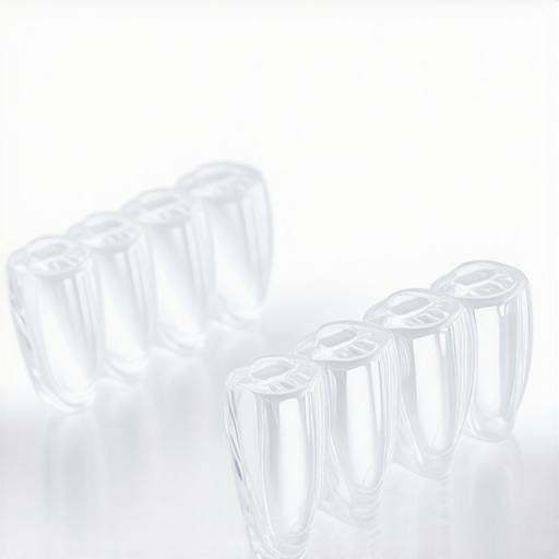 Modern Clear Aligners for Orthodontic Care Close-up of clear Invisalign-style aligners on a white reflective surface representing modern cosmetic dentistry.