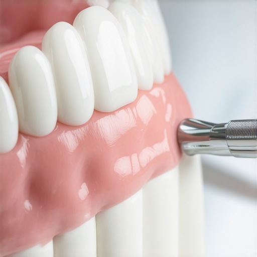 Modern Dental Bridge and Gum Health Close-up of a high-quality porcelain dental bridge showing perfect integration with the gum line.