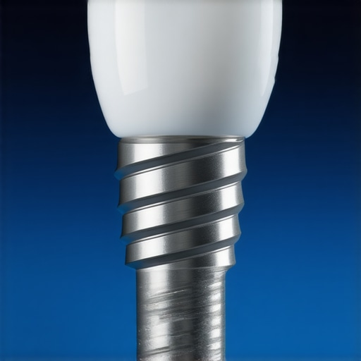 A detailed model of a dental implant showing the titanium post and crown