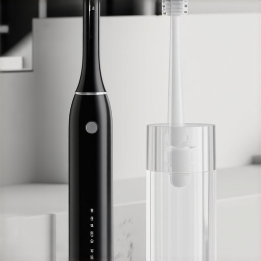 Modern Dental Maintenance Gear High-tech dental cleaning tools including a sonic toothbrush and water flosser on a bathroom counter.