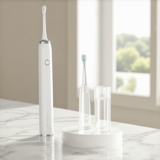 Modern Dental Maintenance Kit Professional at-home dental tools including sonic toothbrush and aligner case on a marble counter