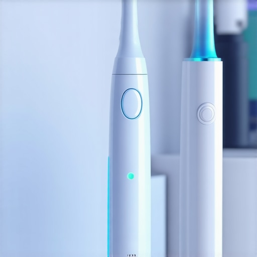 Modern Dental Maintenance Tools An electric toothbrush and water flosser on a bathroom counter