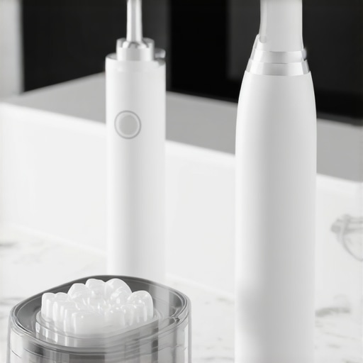Modern Dental Maintenance Tools Ultrasonic cleaner and water flosser on a bathroom counter for orthodontic maintenance.