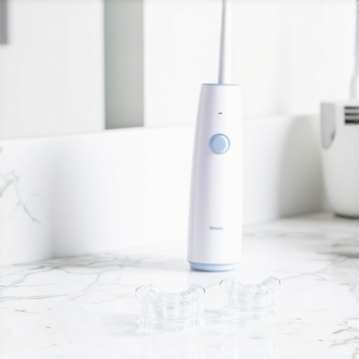 Modern Dental Maintenance Tools A water flosser and clear aligners on a bathroom counter illustrating dental maintenance.