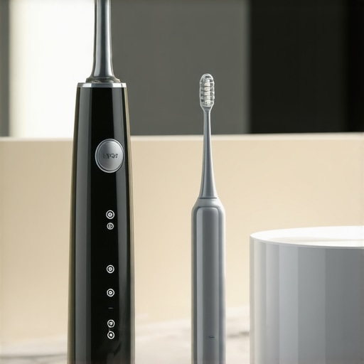 Modern Dental Maintenance Tools High-tech dental cleaning tools including a water flosser and sonic toothbrush on a bathroom counter