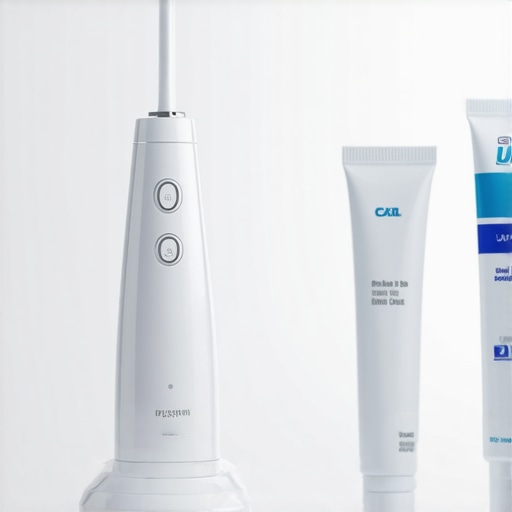 Close-up of a water flosser and ultrasonic dental cleaner on a bathroom counter.