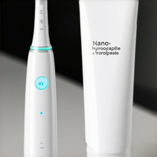 An electric toothbrush and hydroxyapatite toothpaste on a bathroom counter representing advanced oral care maintenance.