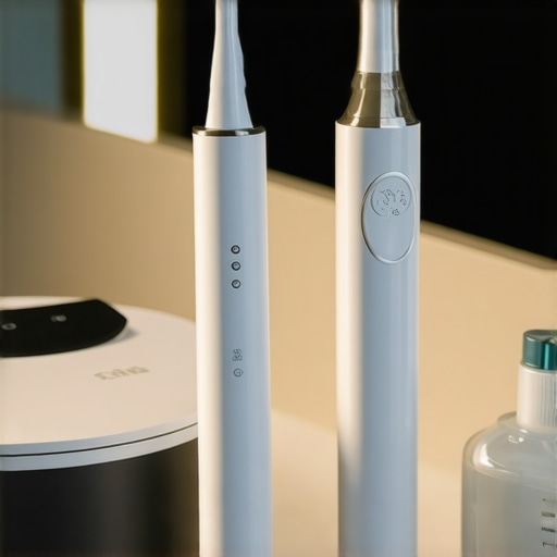 High-tech dental cleaning tools including an ultrasonic cleaner and electric toothbrush on a counter
