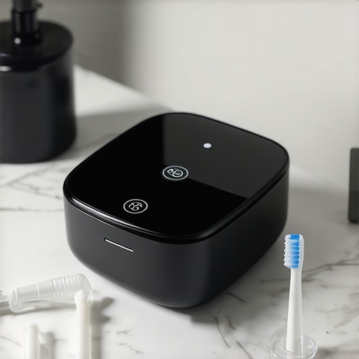 An ultrasonic cleaner used for maintaining clear aligners and dental hygiene on a bathroom counter.