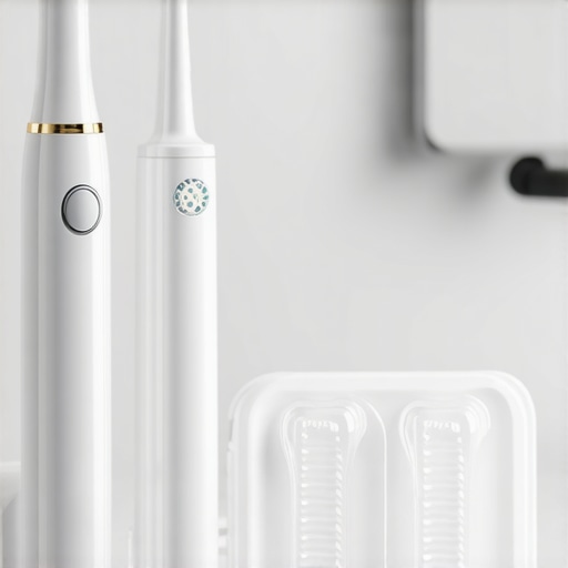 Modern Dental Maintenance Tools Electric toothbrush and water flosser on a bathroom counter for smile maintenance