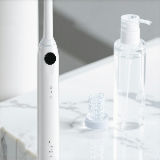 High-tech electric toothbrush and Invisalign cleaning kit on a vanity counter