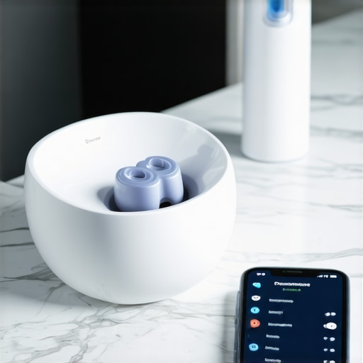 High-tech dental tools including an ultrasonic cleaner and water flosser on a bathroom counter