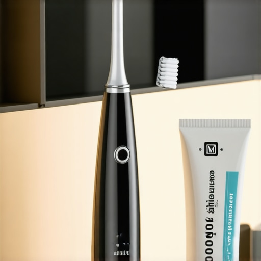 A collection of advanced dental care tools like a water flosser and specialized toothpaste on a marble counter.