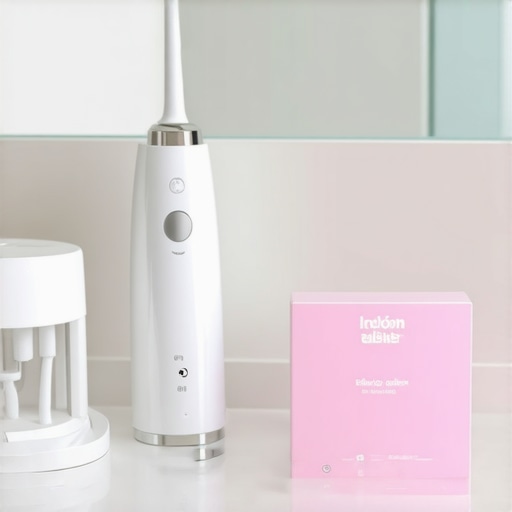 High-tech dental tools including a water flosser and ultrasonic cleaner on a bathroom counter