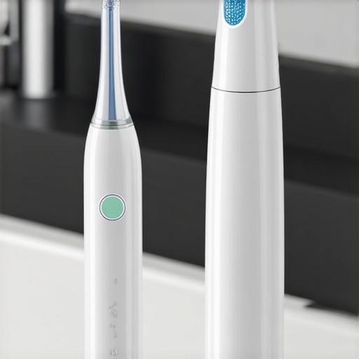 Sonic toothbrush and water flosser on a clean bathroom counter