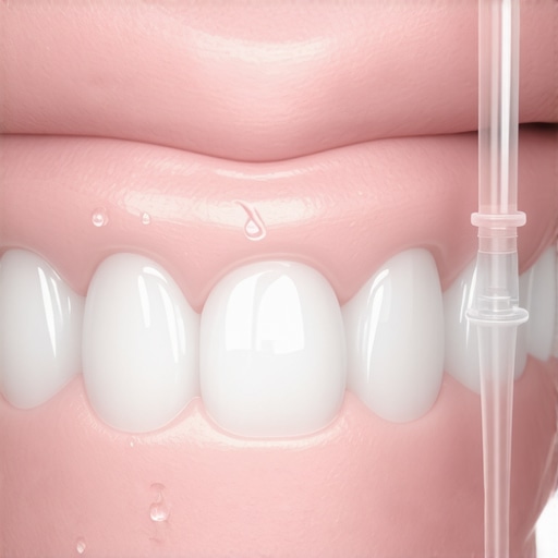Close-up of a water flosser cleaning a dental bridge to maintain oral health.