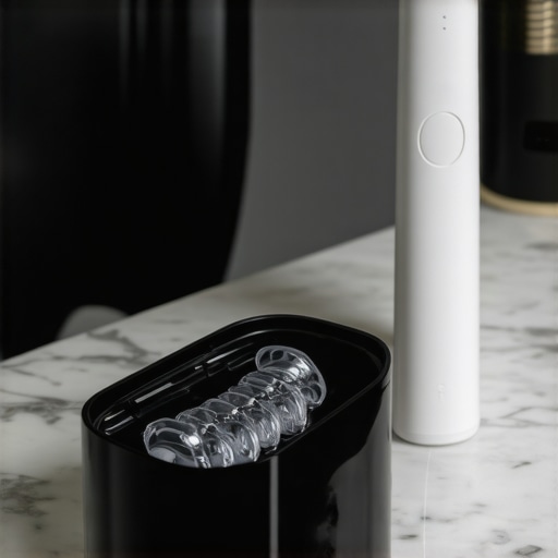 Modern Ultrasonic Aligner Cleaner A white ultrasonic cleaning device used for maintaining clear Invisalign trays on a bathroom counter.
