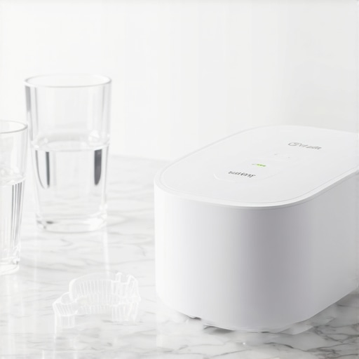 A white ultrasonic cleaning pod for Invisalign and dental trays on a marble counter