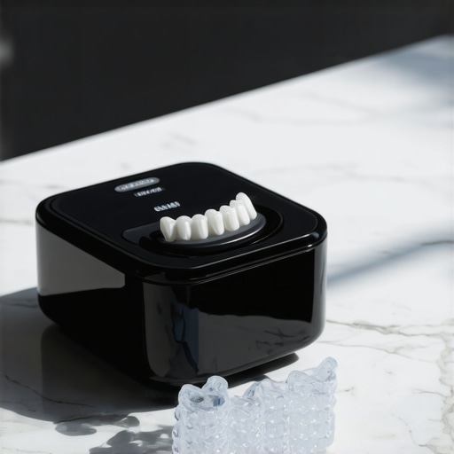 A modern ultrasonic cleaner on a bathroom counter for maintaining clear aligners and night guards