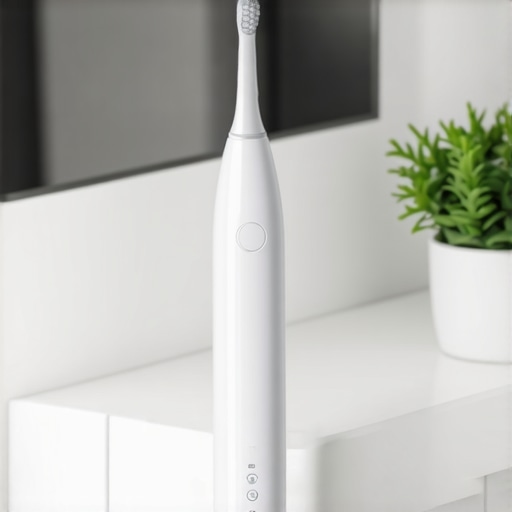 An ultrasonic toothbrush and orthodontic cleaning device on a modern bathroom vanity