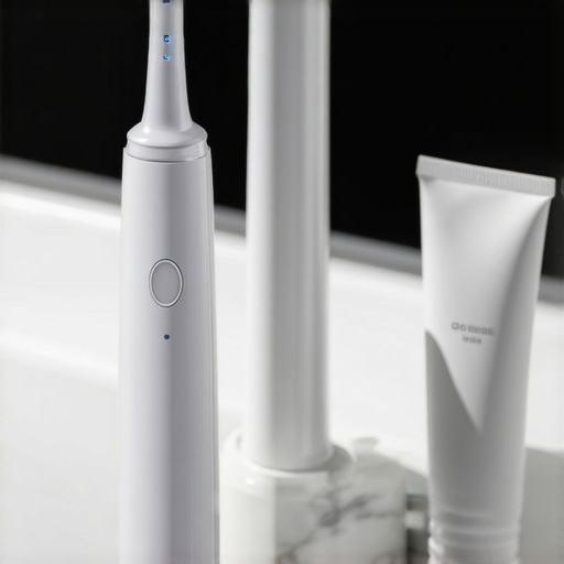 A modern electric toothbrush and water flosser on a bathroom counter representing an advanced dental care routine.