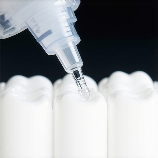 Close-up of whitening gel being applied correctly to a dental tray to prevent gum irritation.