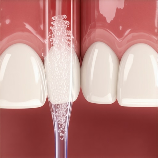 Close-up of a water flosser nozzle cleaning between teeth to disrupt biofilm.