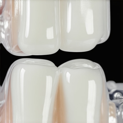 A close-up view of clear aligners and dental attachments used to fix tooth gaps.