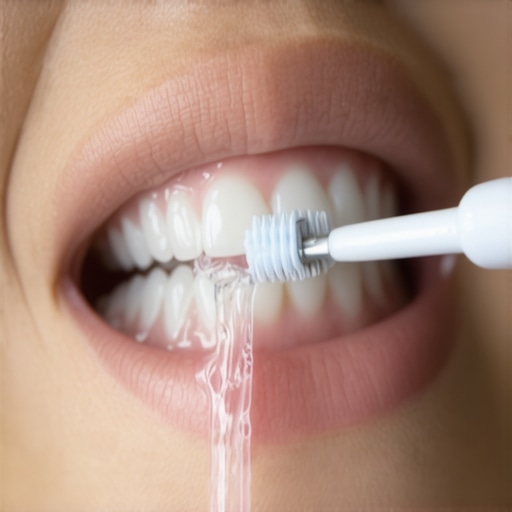 Precision cleaning for Invisalign attachments Close-up of cleaning an Invisalign attachment with an interdental brush.