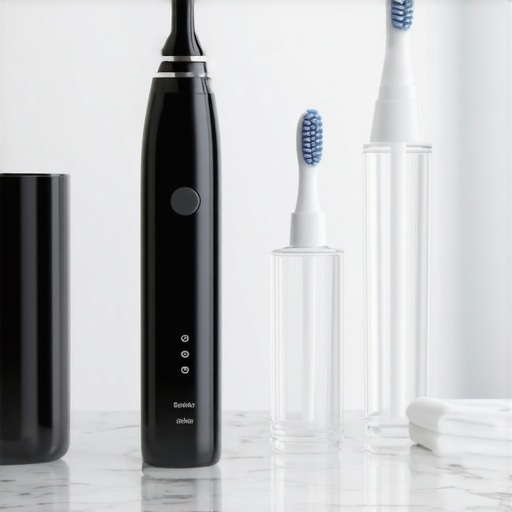 A modern premium dental hygiene kit featuring a sonic toothbrush and water flosser on a marble countertop.