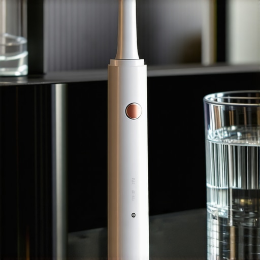 An electric toothbrush and water flosser on a modern bathroom counter representing premium oral hygiene tools.