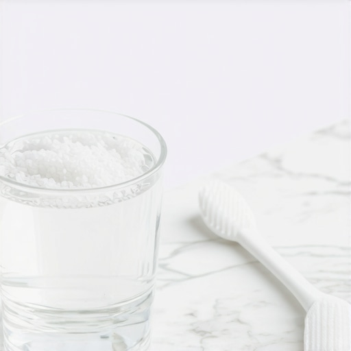Warm salt water being mixed in a glass to treat swollen gums.
