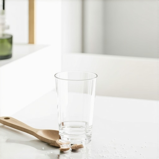 Preparing a saltwater rinse for dental recovery A glass of warm saltwater and a spoon of salt on a counter for post-extraction care