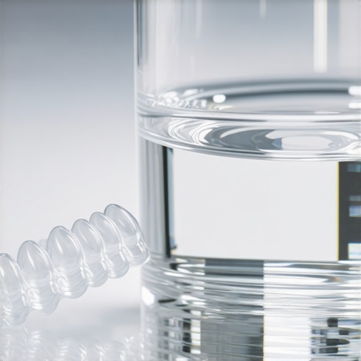 Pristine clear dental aligner next to water A clean clear aligner showing high transparency on a modern clinic surface
