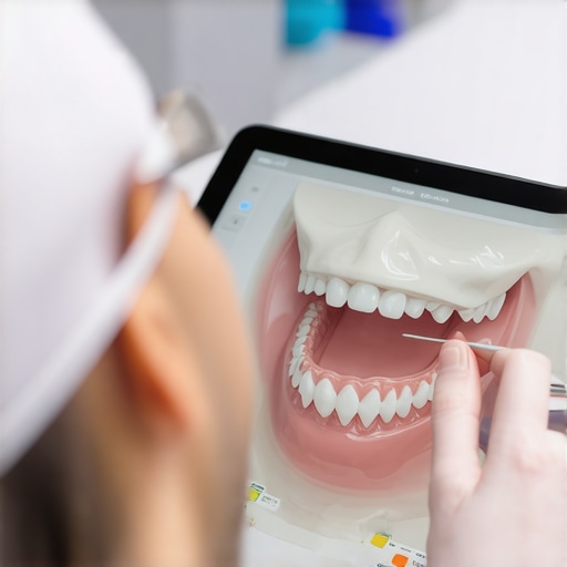 Dentist showing a 3D digital model of teeth for cosmetic planning.