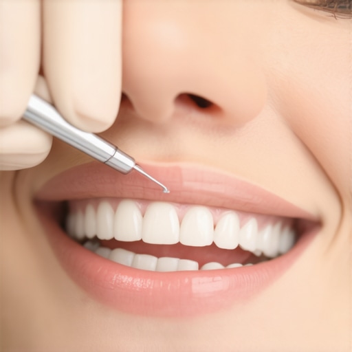 Professional Dental Bridge Fitting A dentist checking the alignment and fit of a new dental bridge on a patient's jaw.