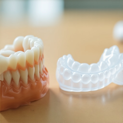 A 3D jaw model and Invisalign trays on a dentist's desk illustrating orthodontic nuances.