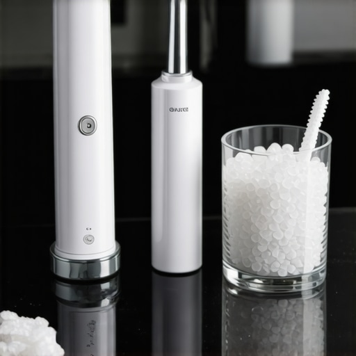 Collection of dental tools including a water flosser and sonic toothbrush on a marble counter