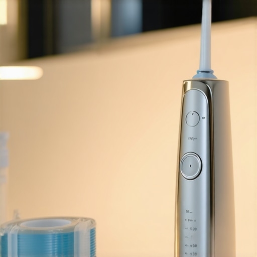 A modern water flosser and dental tape on a bathroom vanity representing advanced home dental care.