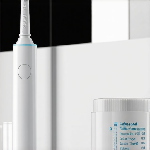 A modern sonic toothbrush and PTFE dental tape on a bathroom vanity