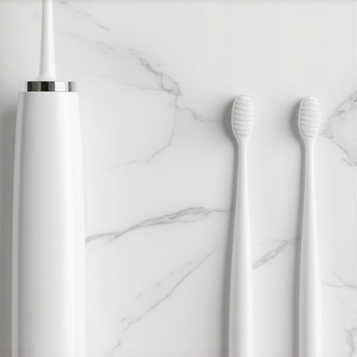 A collection of professional oral hygiene tools including a water flosser and sonic toothbrush for bridge care.