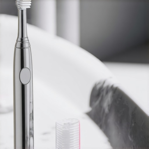 A stainless steel tongue scraper and electric toothbrush on a marble counter.