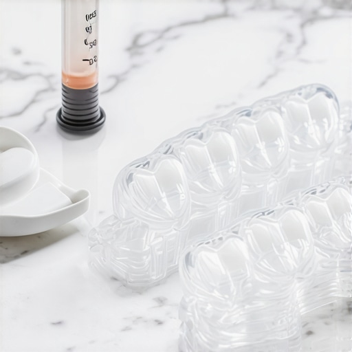 Low concentration dental whitening gel and clear aligners on a marble background.