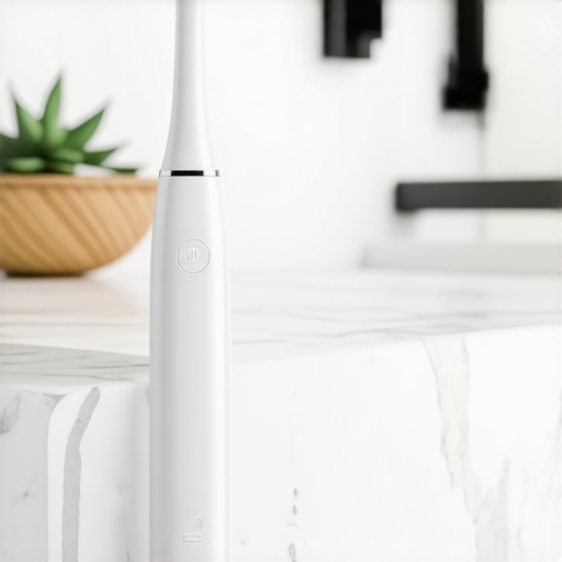 Professional Grade At-Home Dental Tools Electric toothbrush and water flosser on a marble countertop for dental maintenance